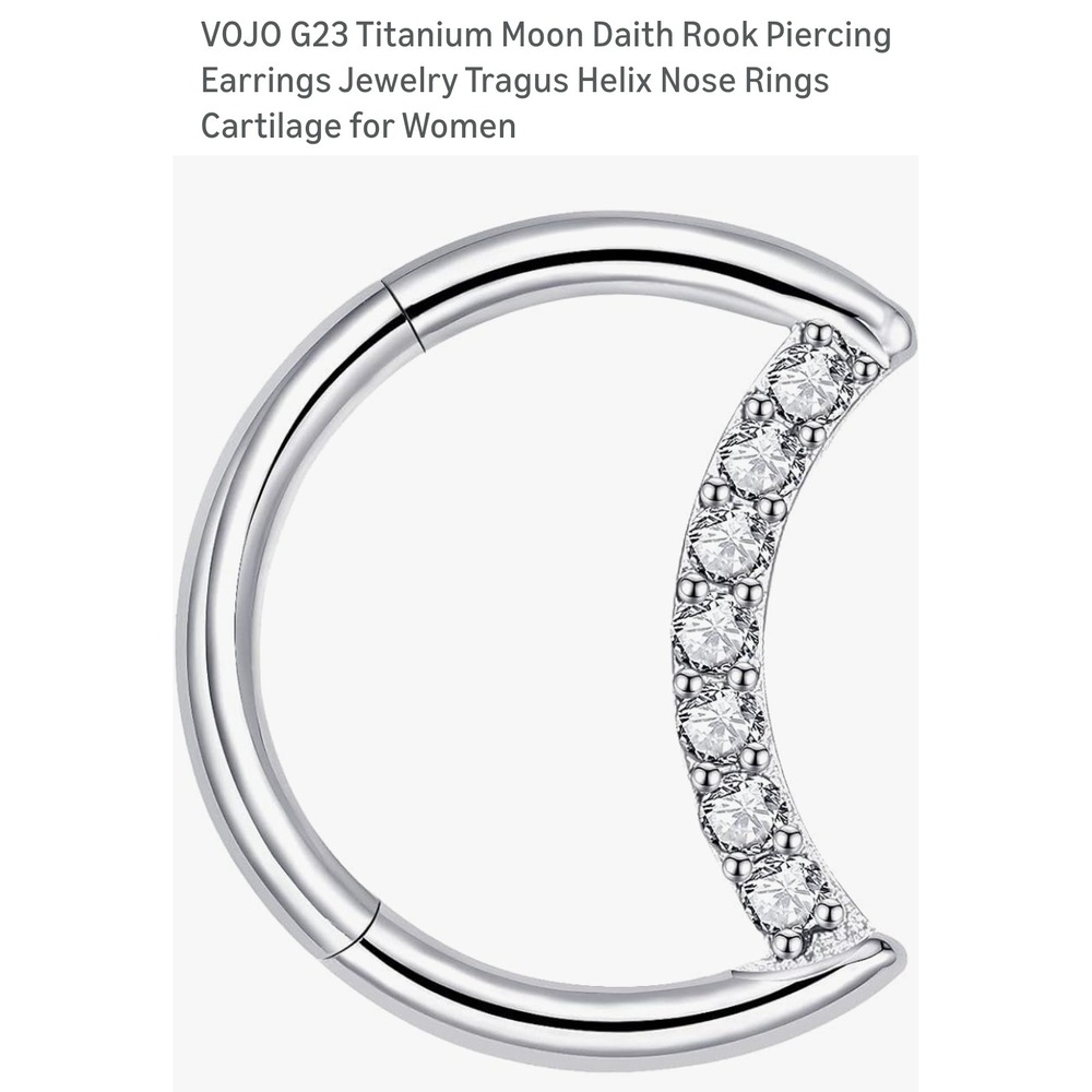 VOJO G23 Titanium Moon Daith Rook Piercing 16g 8mm CZ Silver Clicker Hoop Ring